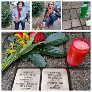 Fotos: Yvonne Pisar und Martina Füg an den Stolpersteinen in der Merianstraße